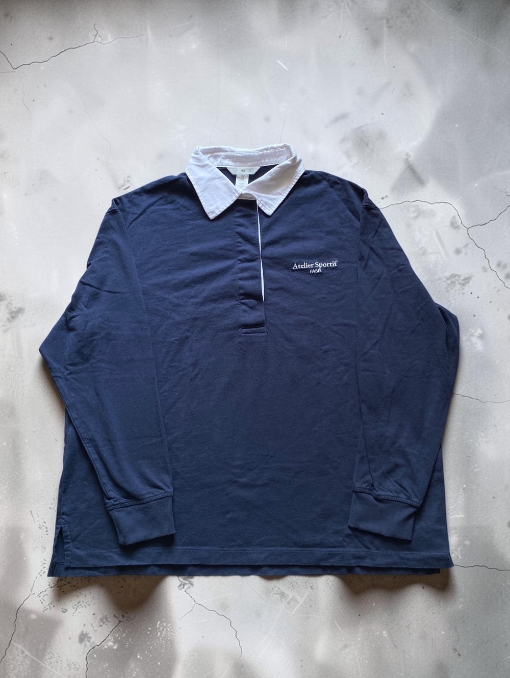 H&M Mens Medium Navy Blue Rugby Shirt Atelier Sportif Paris Long Sleeve Polo